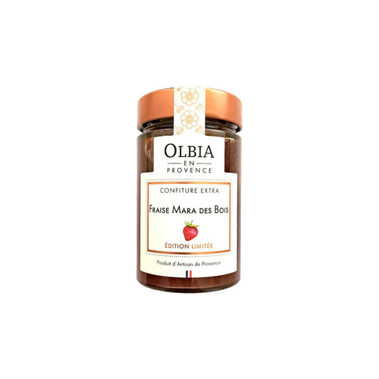 Jar of Olbia en Provence strawberry jam on a white background