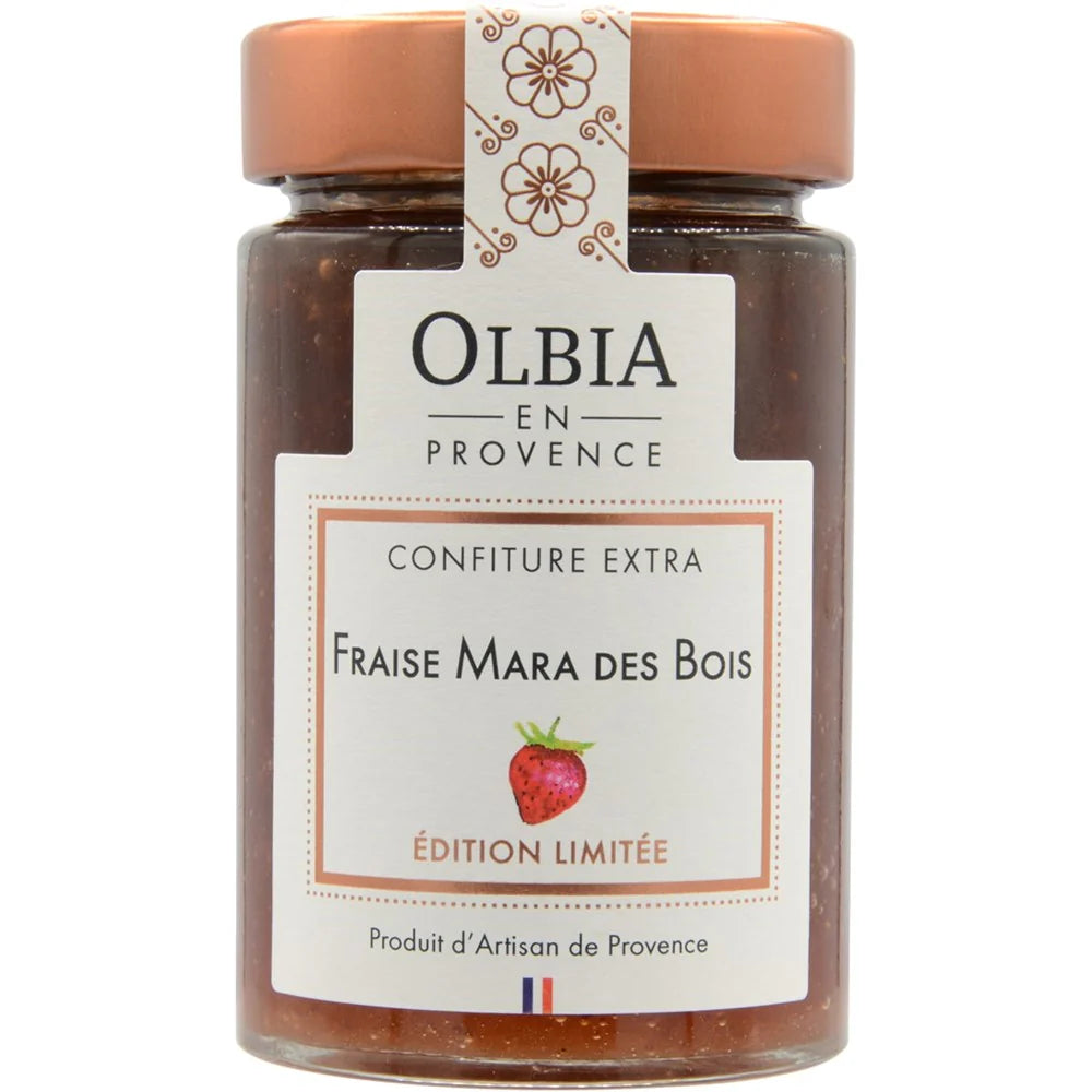 Jar of Olbia en Provence Fraise Mara des Bois jam with a white label on a white background