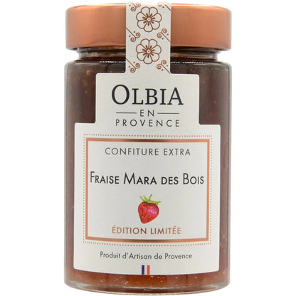 Jar of Olbia en Provence Fraise Mara des Bois jam with a white label on a white background