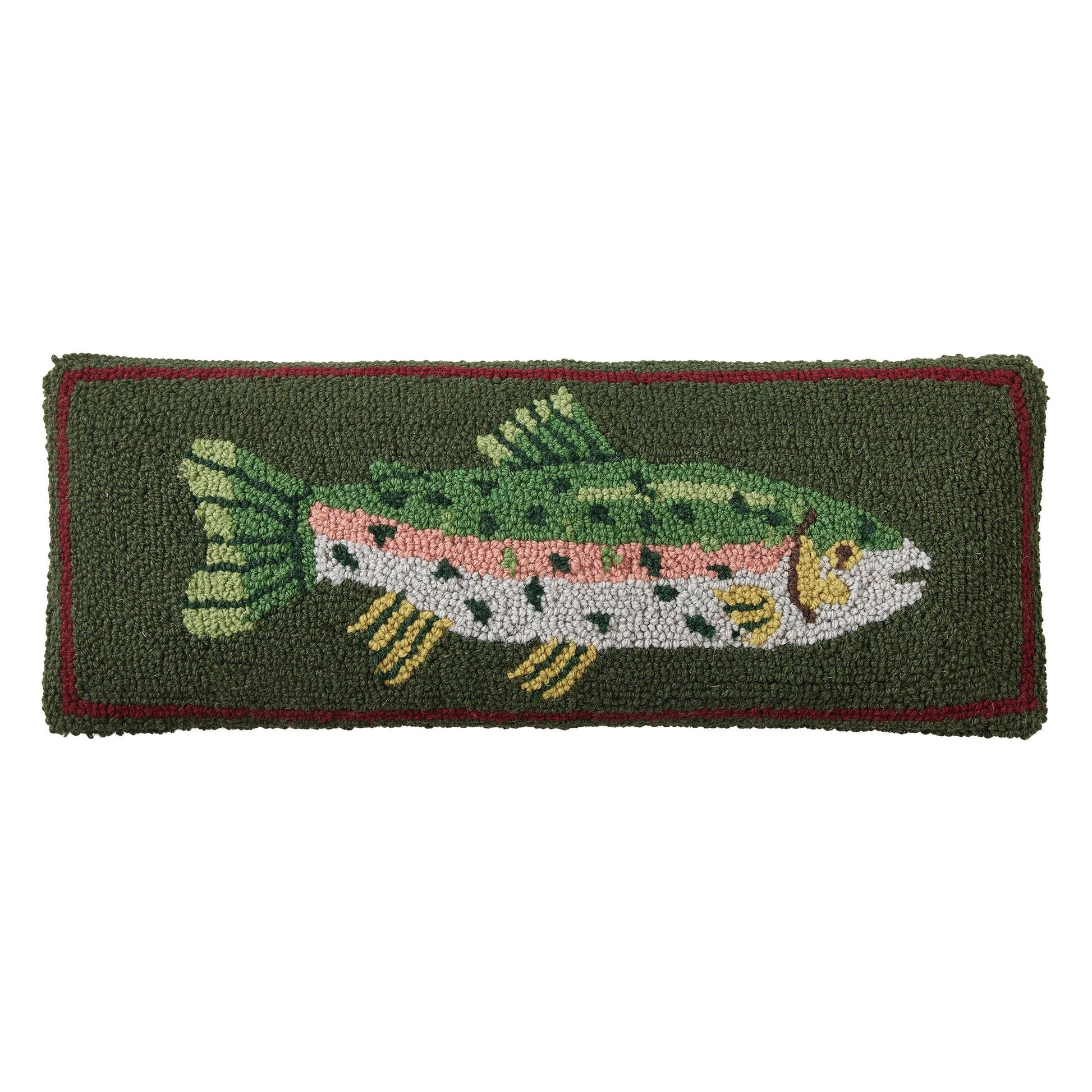 Decorative rug with a fish design on a green background