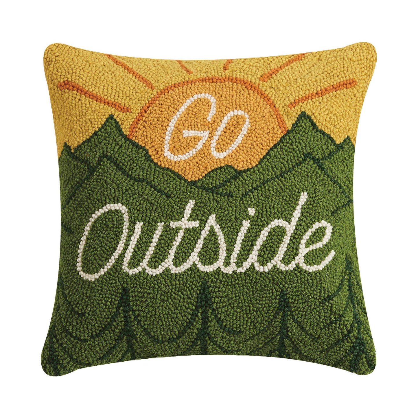 Decorative pillow with 'Go Outside' text and sun design on a white background