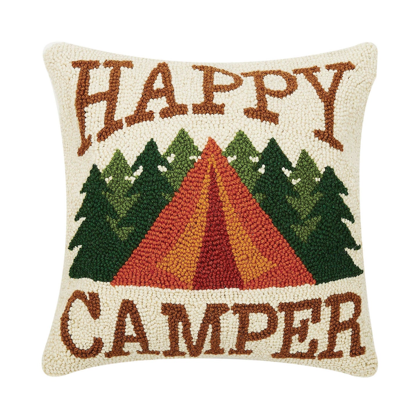 Decorative pillow with 'Happy Camper' text and a tent design on a white background