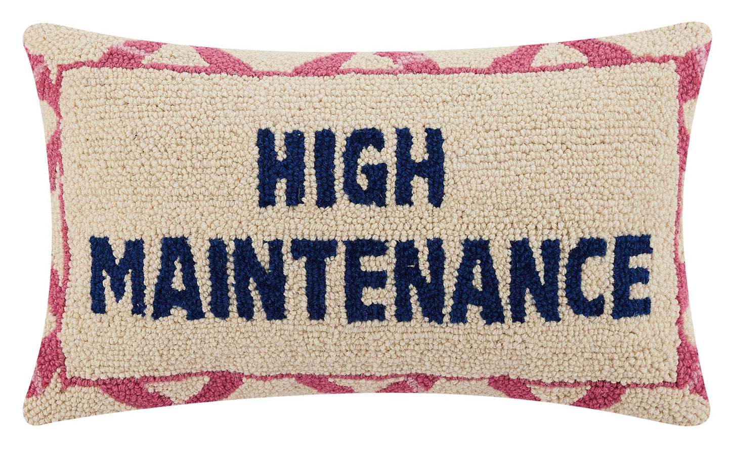 Decorative pillow with 'HIGH MAINTENANCE' text on a white background