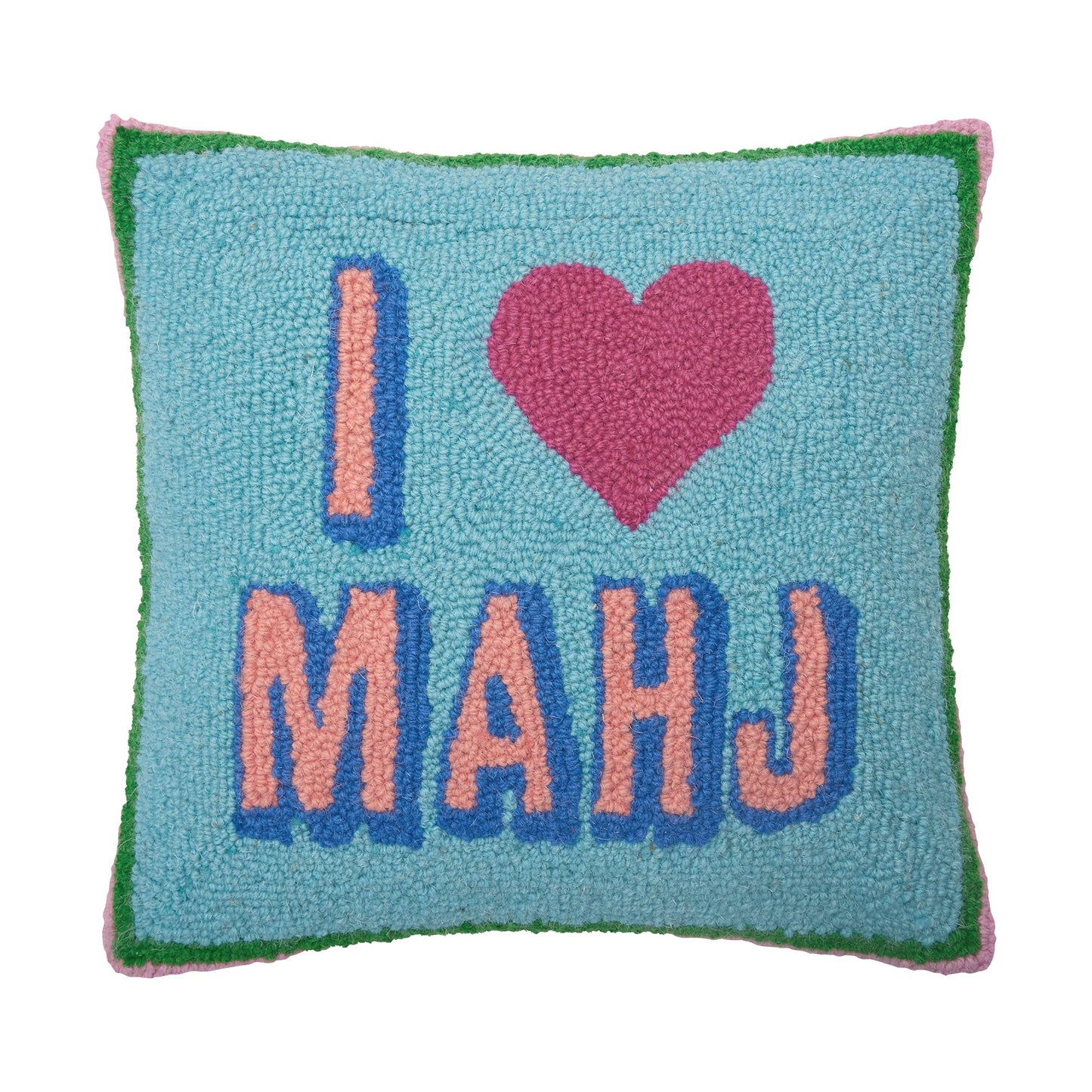 Decorative pillow with 'I ❤️ MAHJ' text on a blue background
