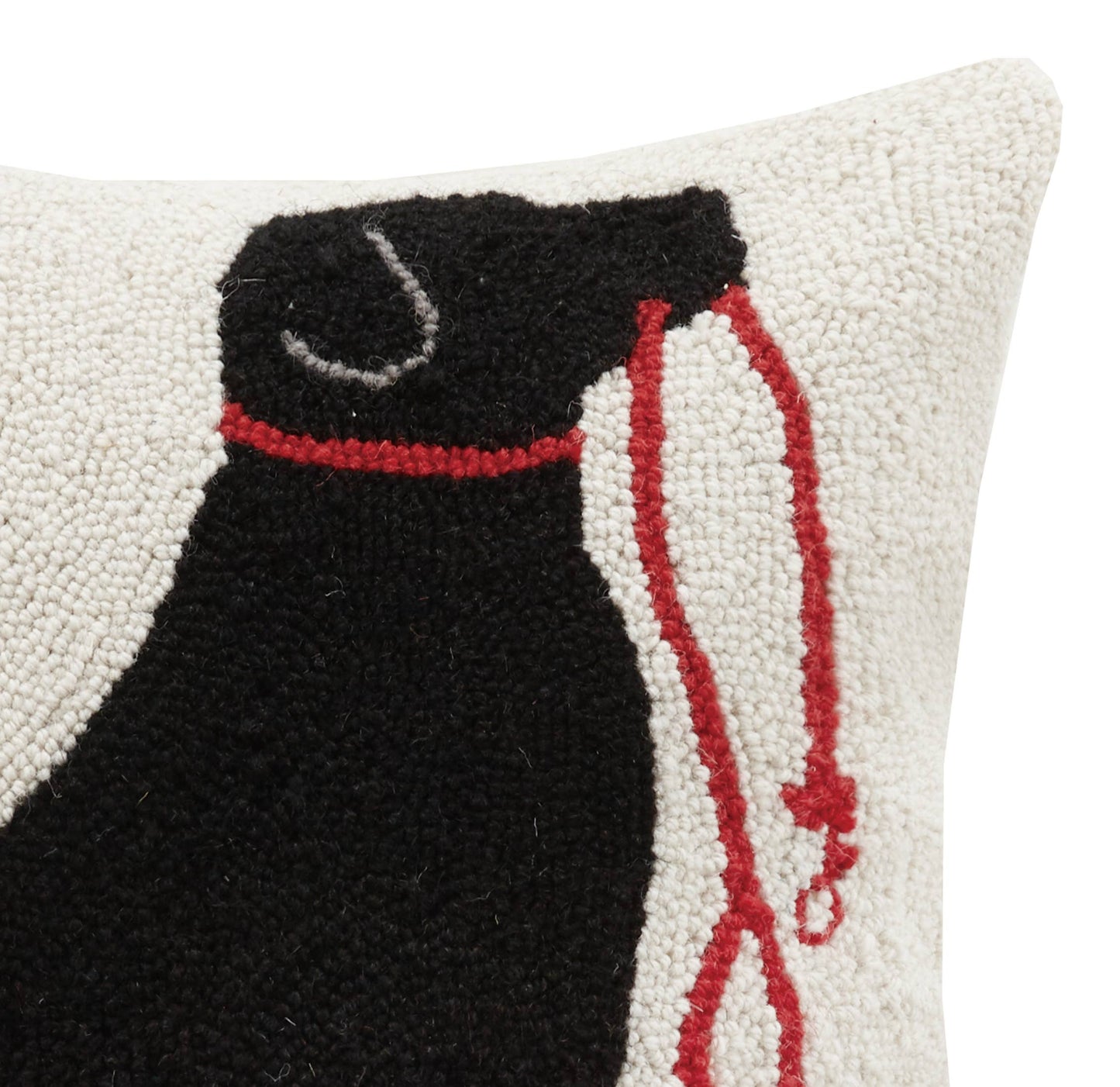 Decorative pillow with a black and red horse design on a white background