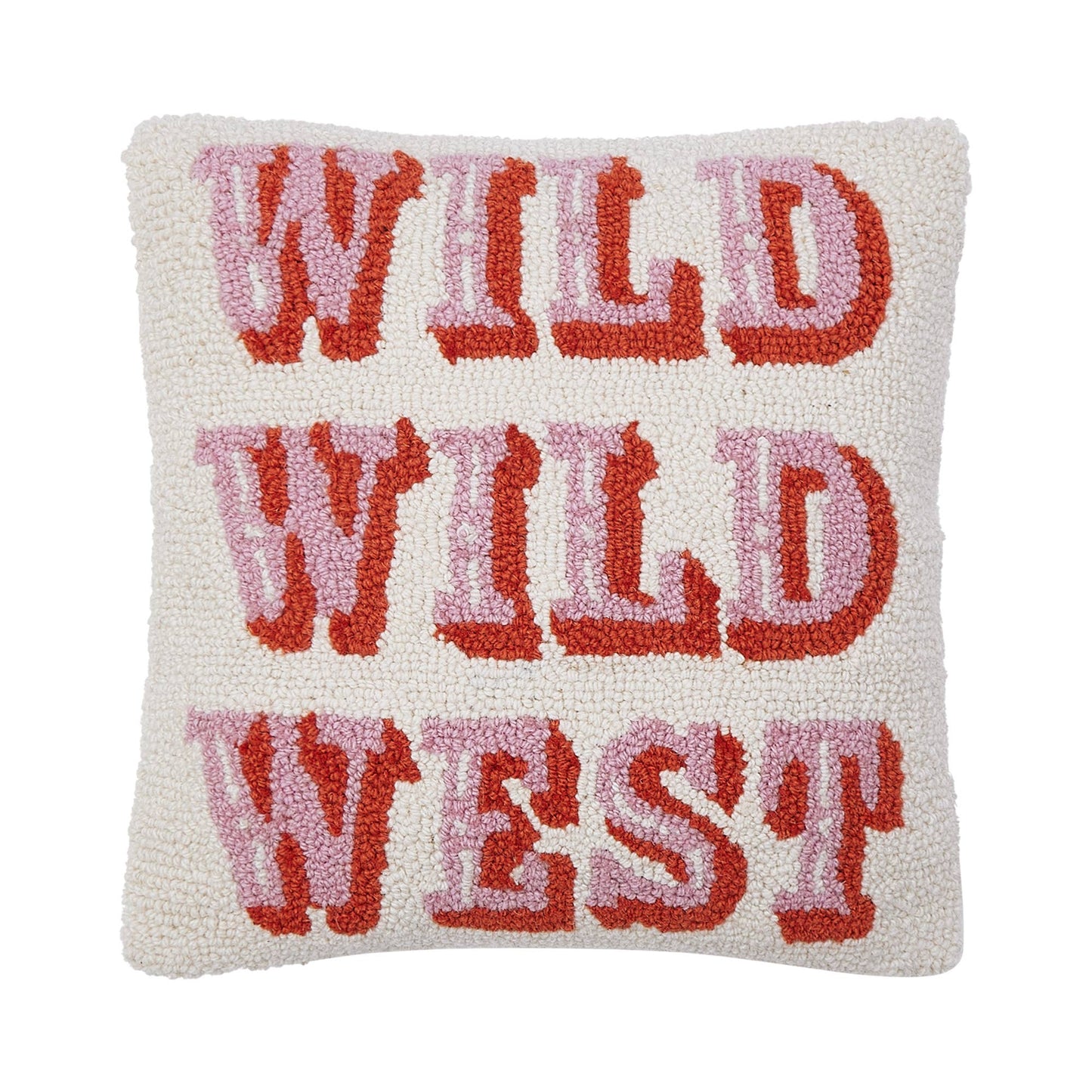 Pillow with 'Wild Wild West' text in red and pink on a white background