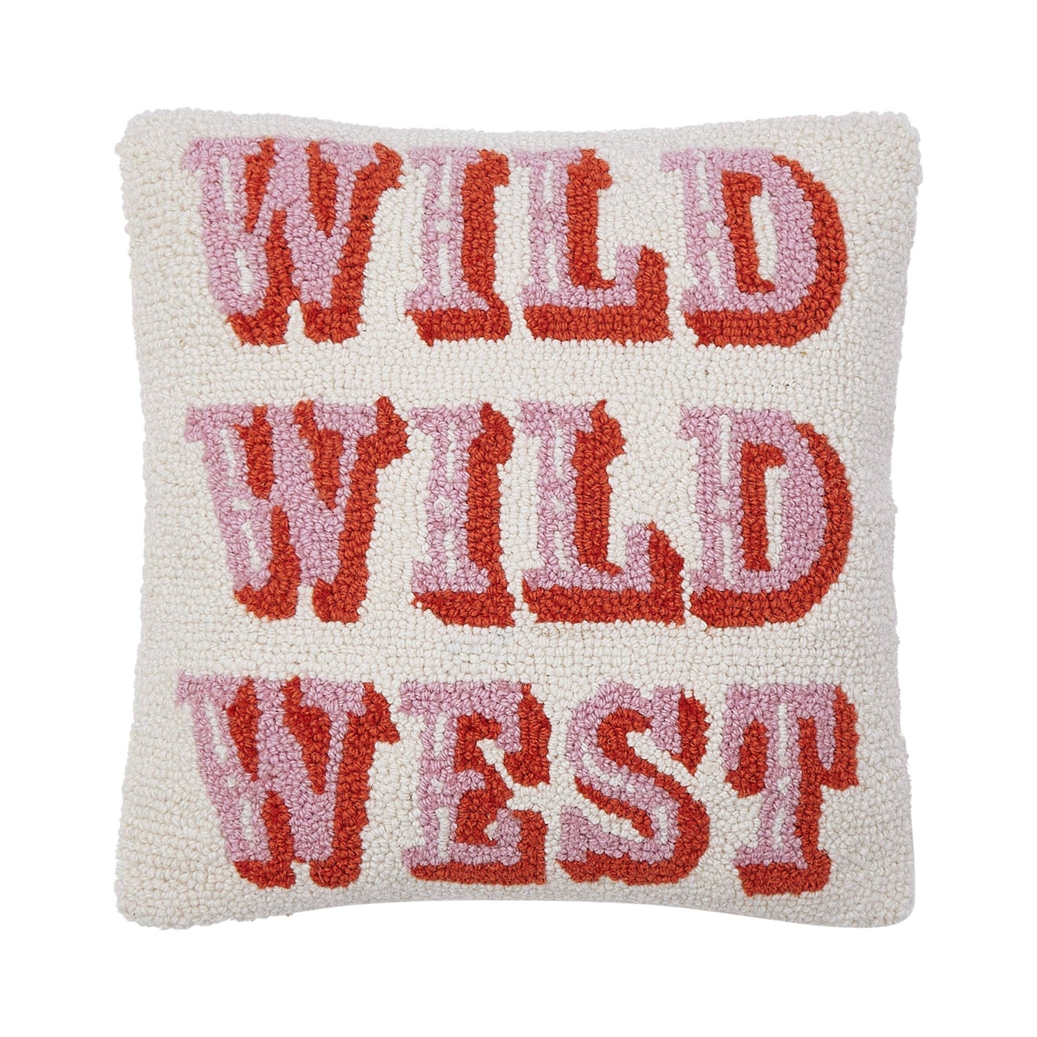 Pillow with 'Wild Wild West' text in red and pink on a white background