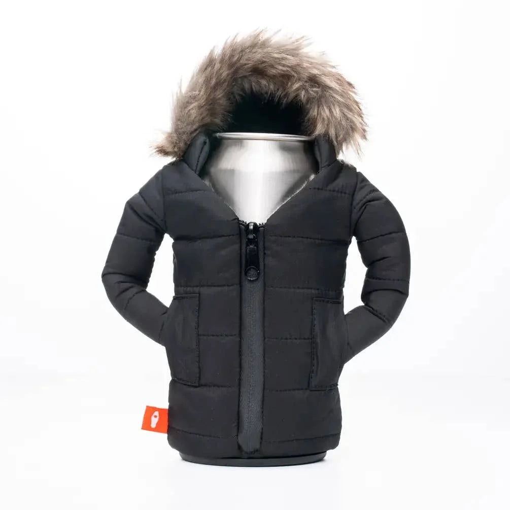 Black winter jacket with fur hood on a white background