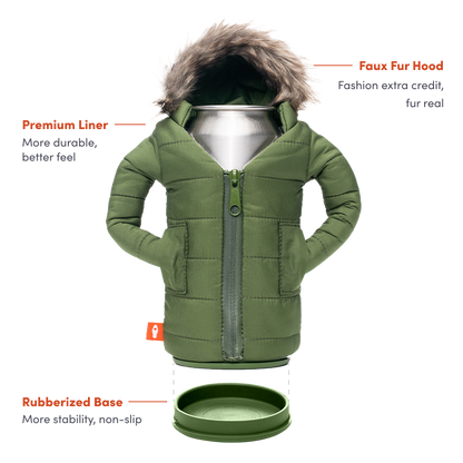 Green pet carrier with faux fur hood on a white background
