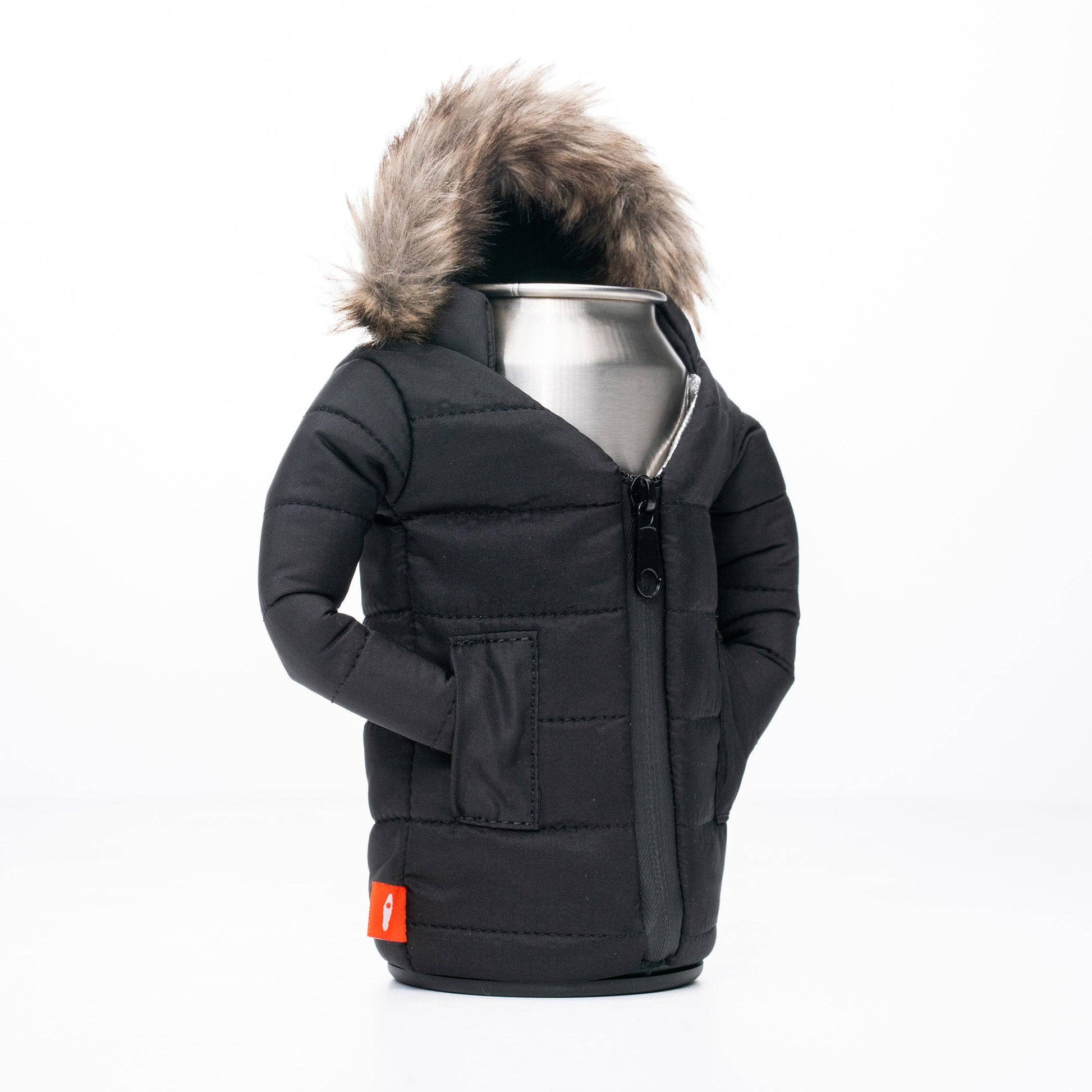 Black winter jacket with fur hood on a white background