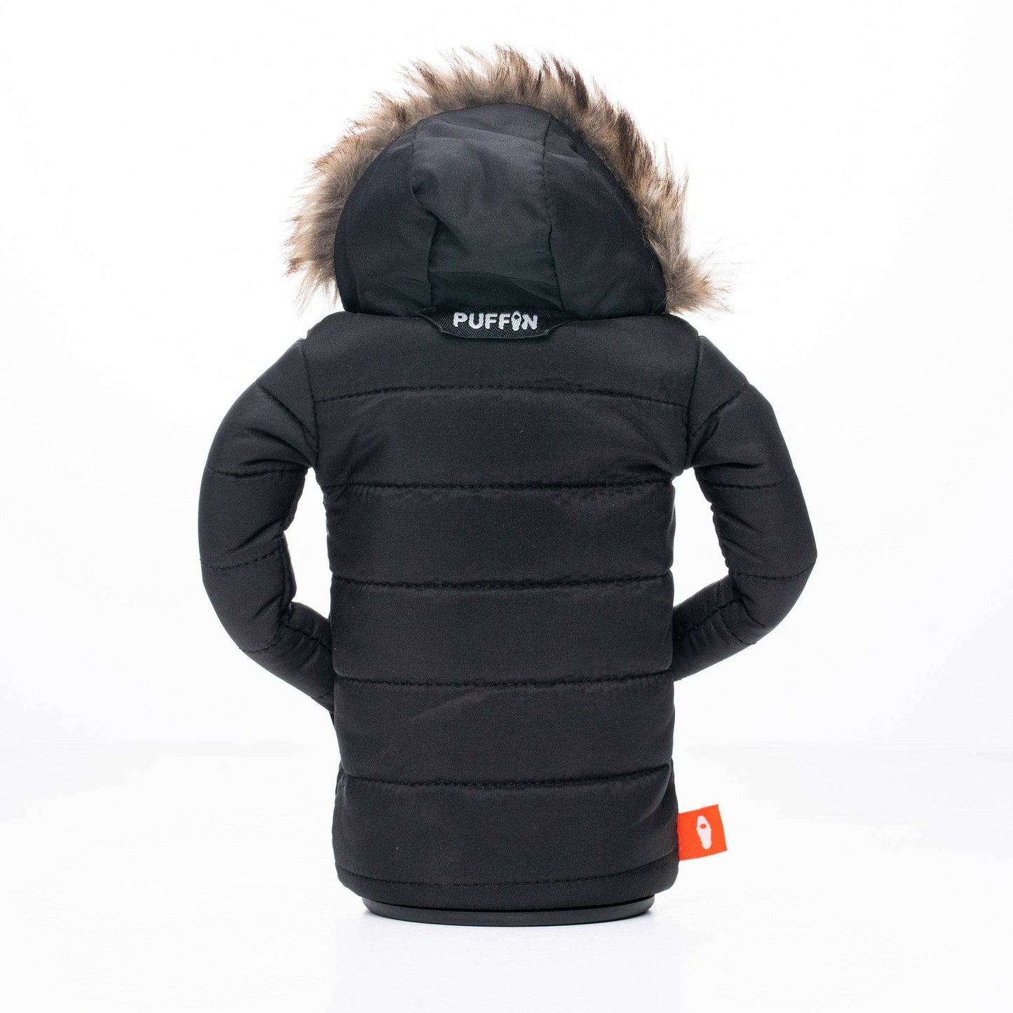 Black children's jacket with fur hood on a white background