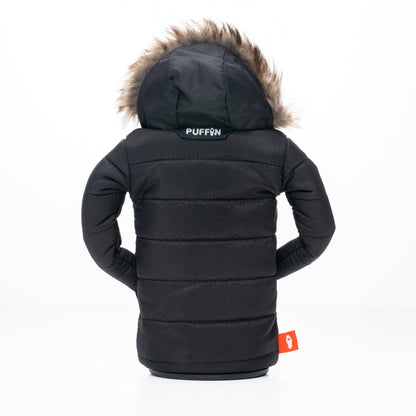 Black children's jacket with fur hood on a white background