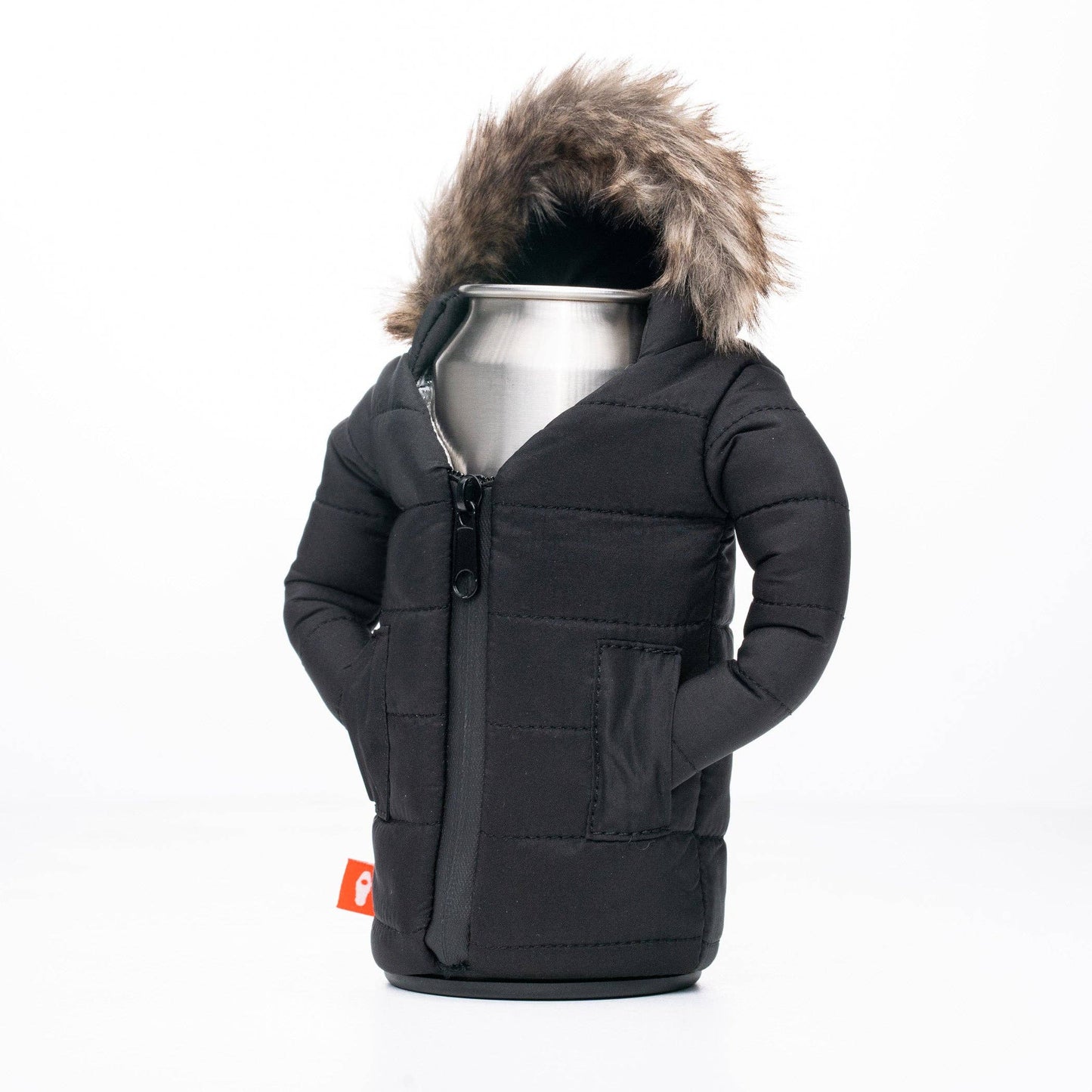 Black winter jacket with fur hood on a white background