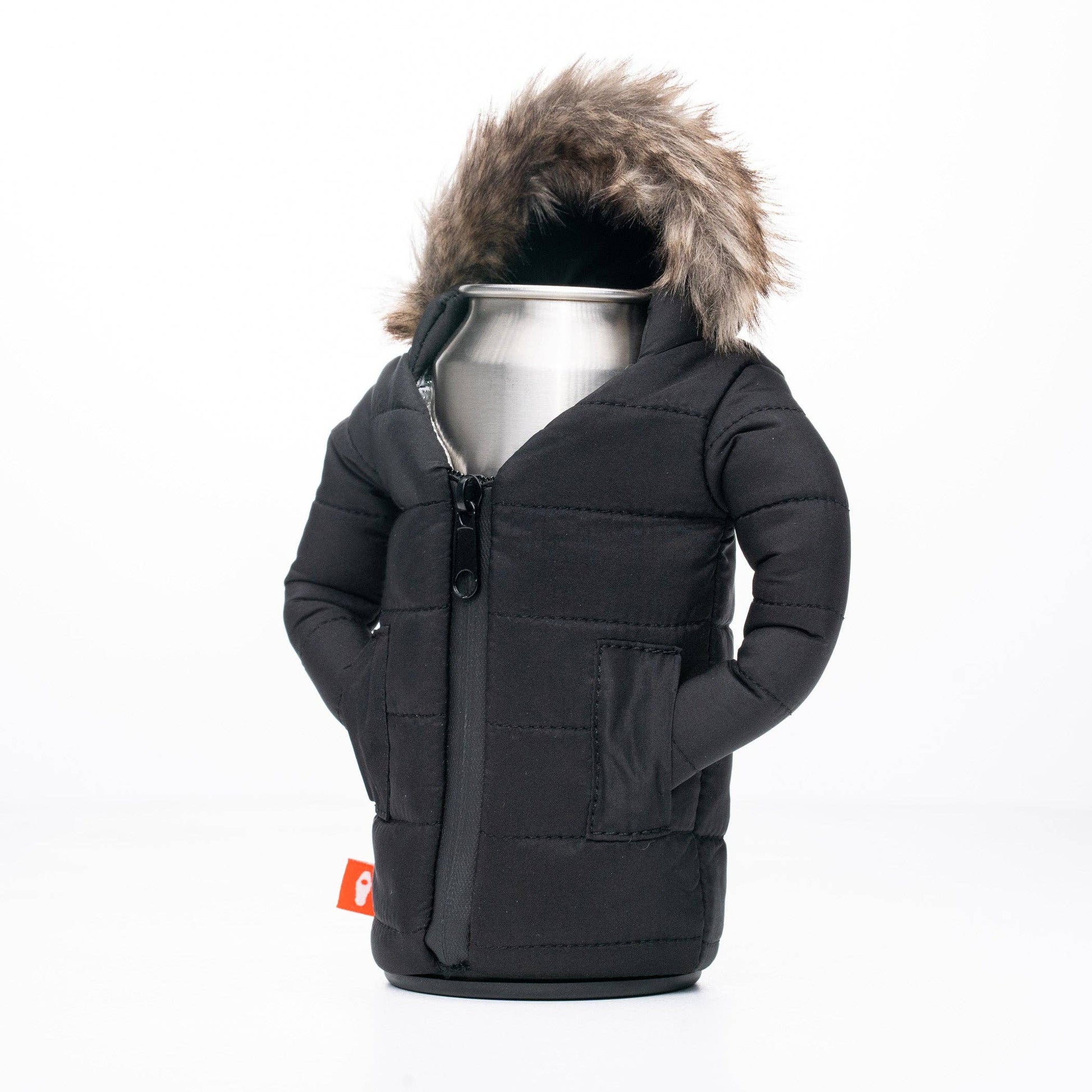 Black winter jacket with fur hood on a white background