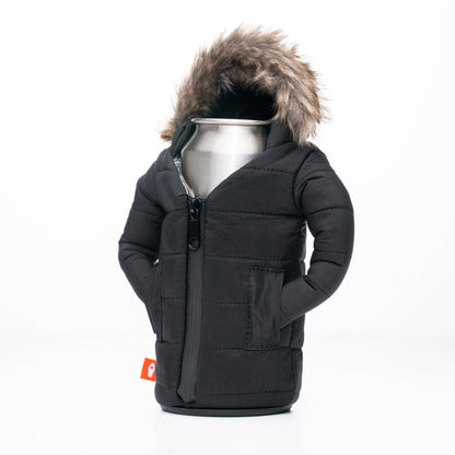 Black winter jacket with fur hood on a white background