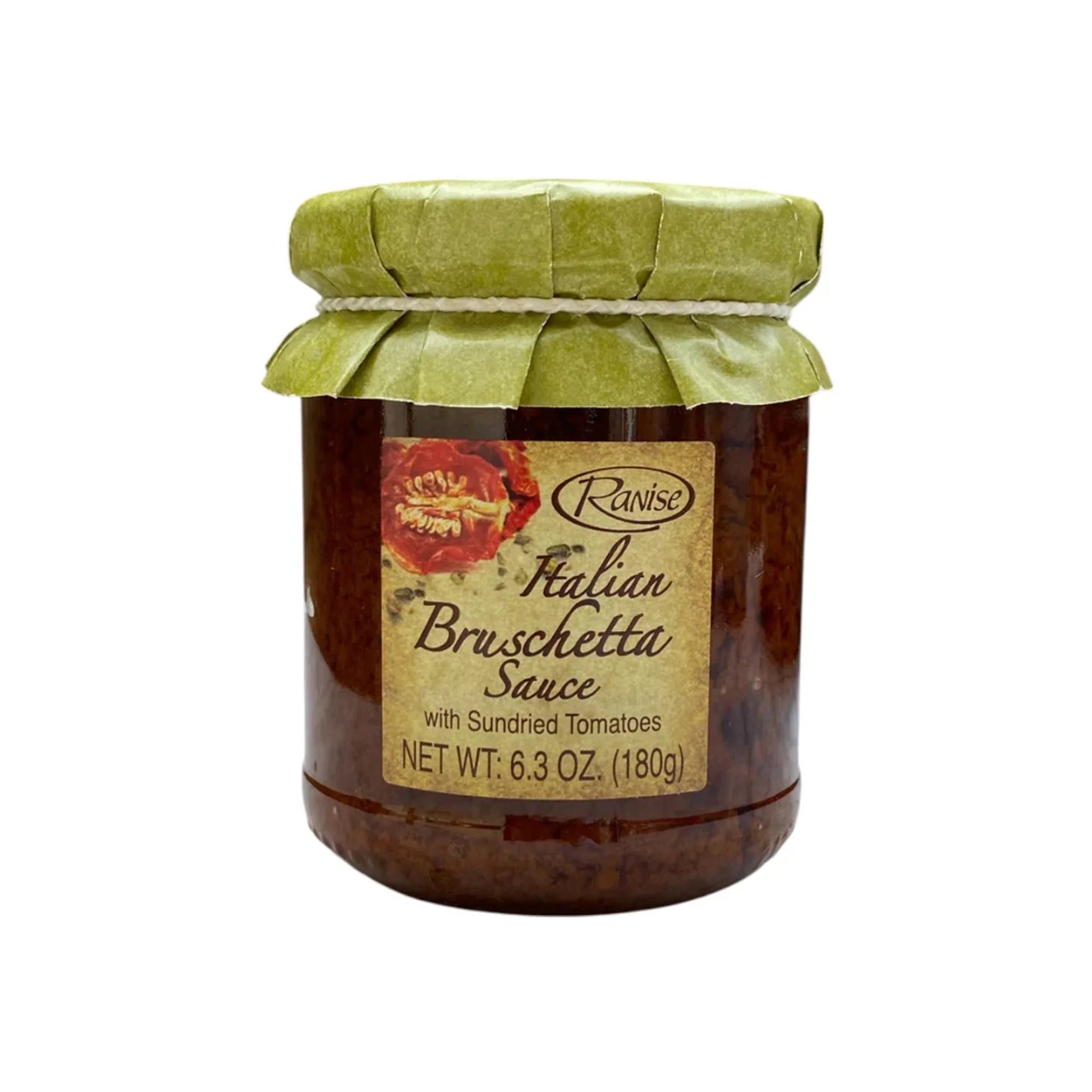 Jar of Ranise Italian Bruschetta Sauce with Sundried Tomatoes on a white background