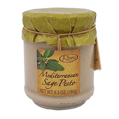 Jar of Mediterranean Sage Pesto with a green lid on a white background