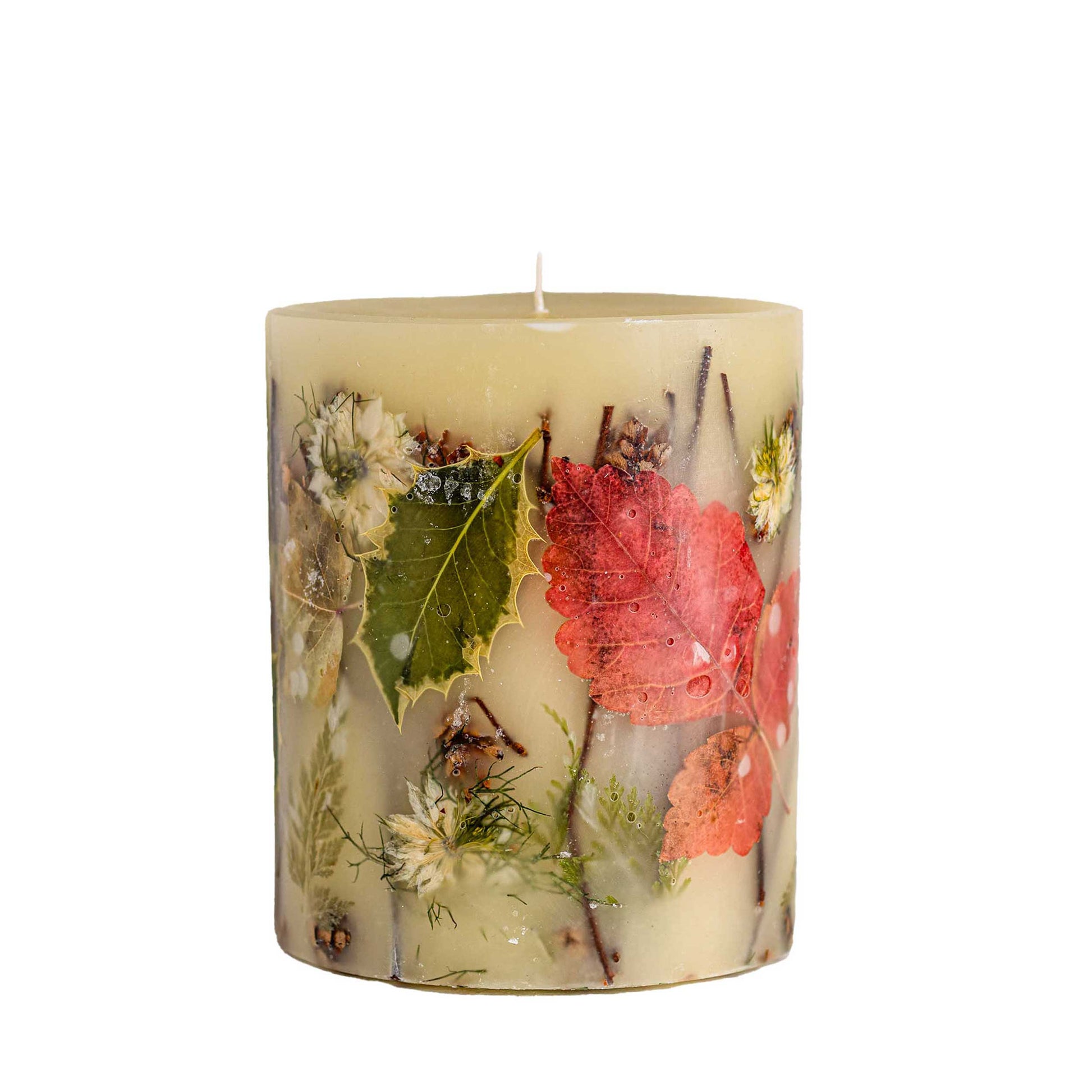 Decorative candle with floral design on a white background