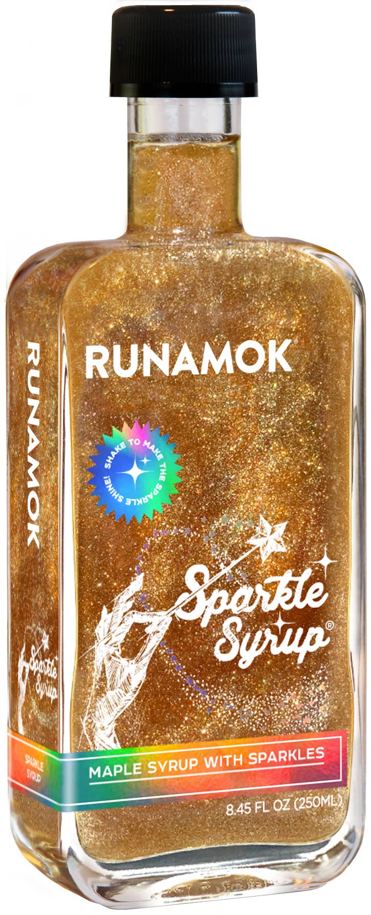 Bottle of Runamok Sparkle Syrup with a black cap on a white background