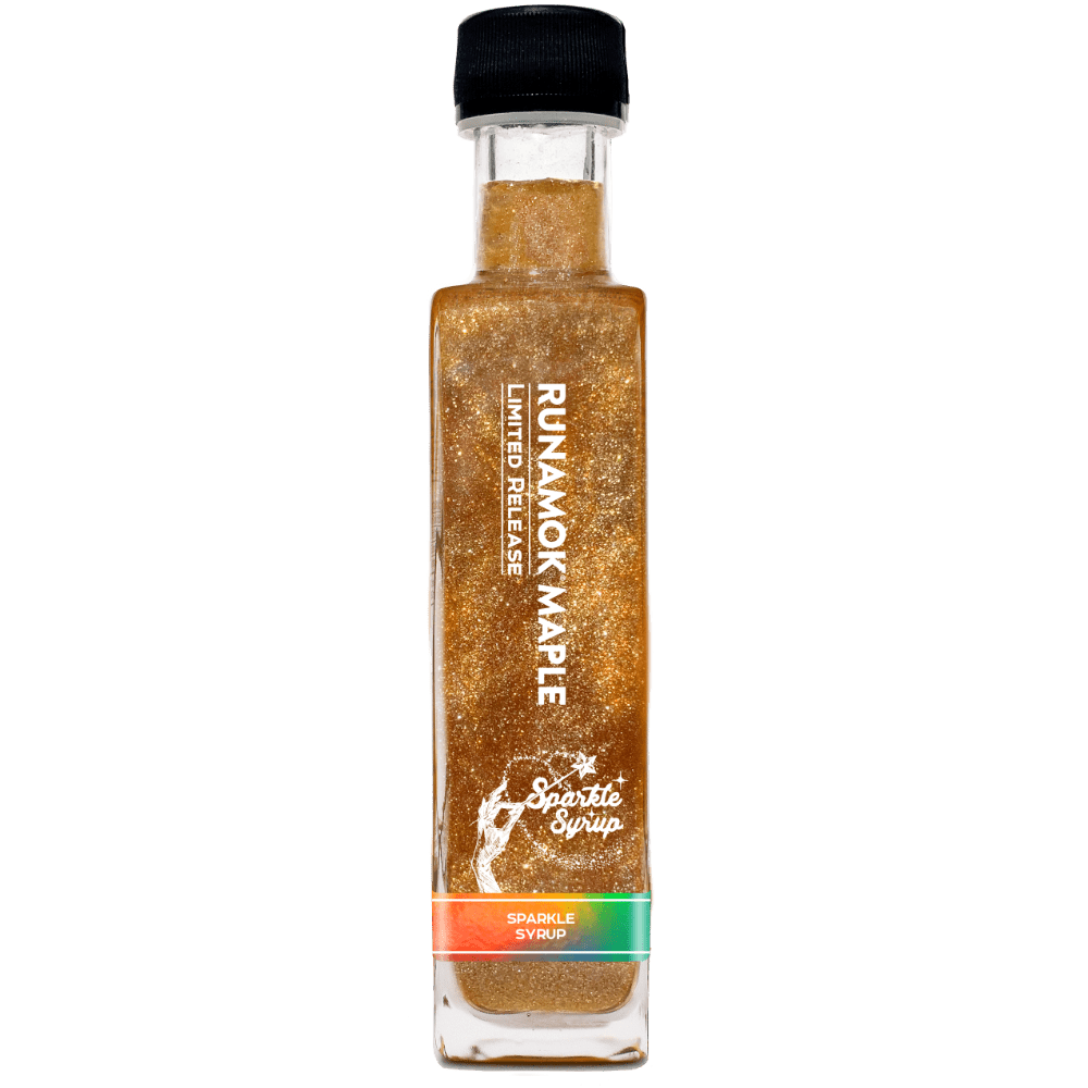 Bottle of Runamok Maple sparkle syrup on a white background