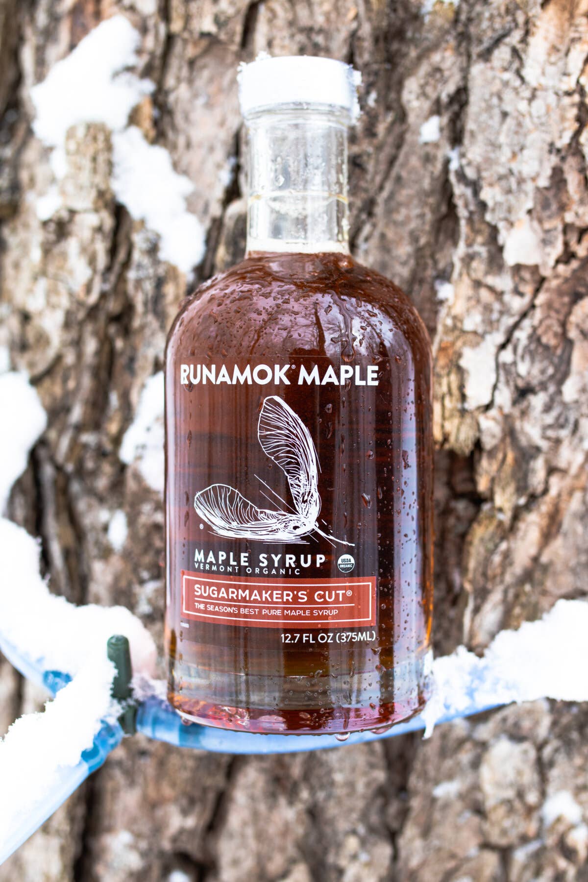 Bottle of Bunamok Maple syrup against a tree trunk with snow.