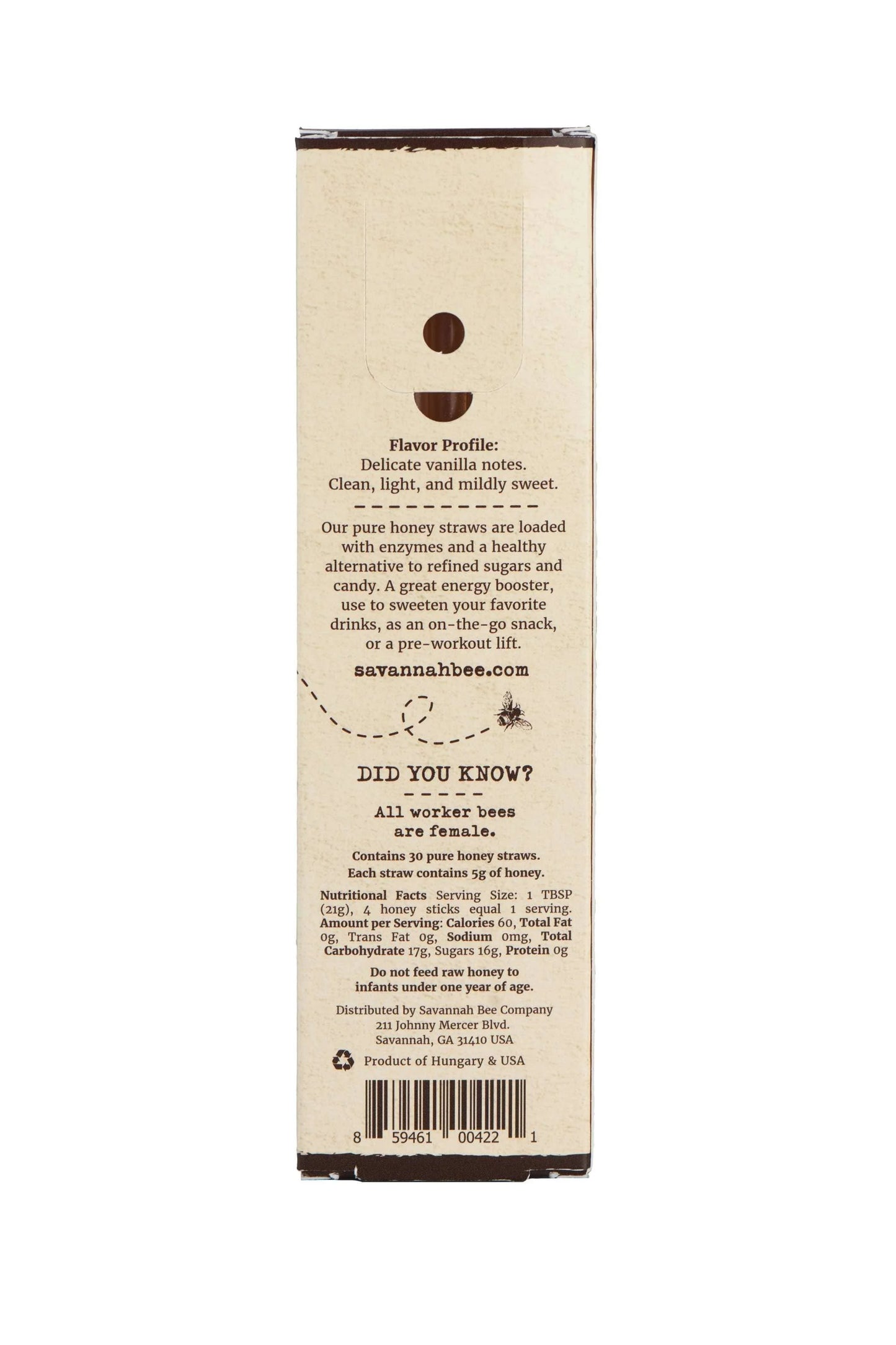 Back of a honey package with text and a barcode on a white background