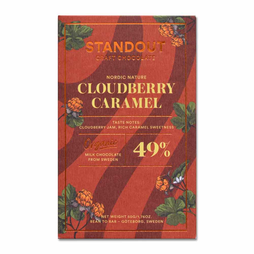 Chocolate bar packaging with 'Standout Craft Chocolate' branding on a red and orange striped background.