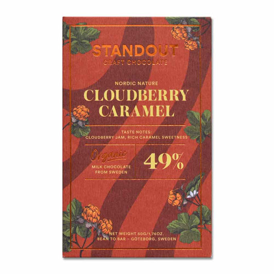Chocolate bar packaging with 'Standout Craft Chocolate' branding on a red and orange striped background.