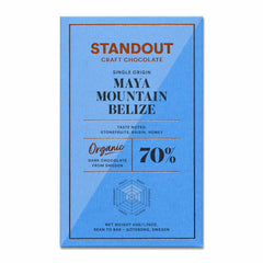 Blue chocolate packaging with text about Maya Mountain Belize chocolate