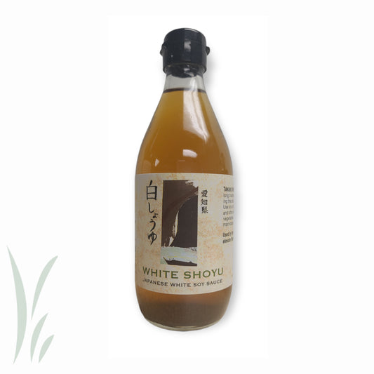 Bottle of White Shoyu Japanese white soy sauce on a white background