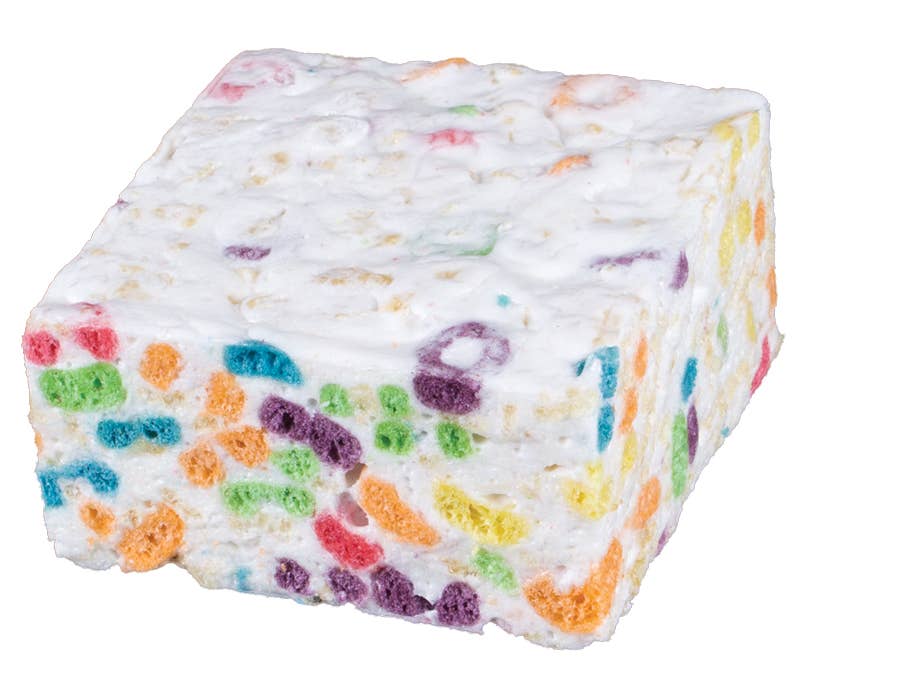Block of cereal-flavored marshmallow on a white background