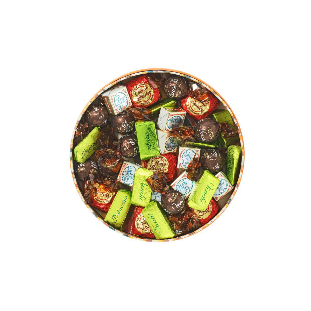 Assorted chocolates in a round gift box on a white background