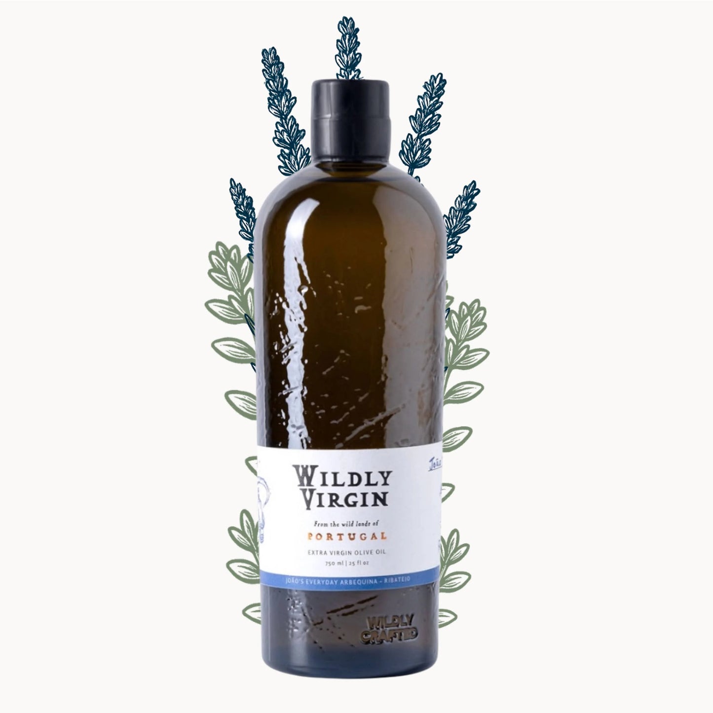 Bottle of 'Wildly Virgin' olive oil with decorative olive leaves on a white background