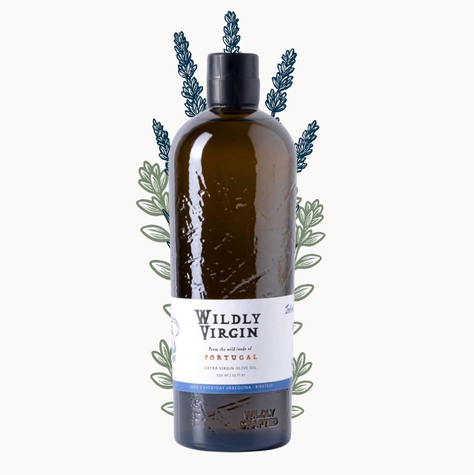 Bottle of 'Wildly Virgin' olive oil with decorative olive leaves on a white background