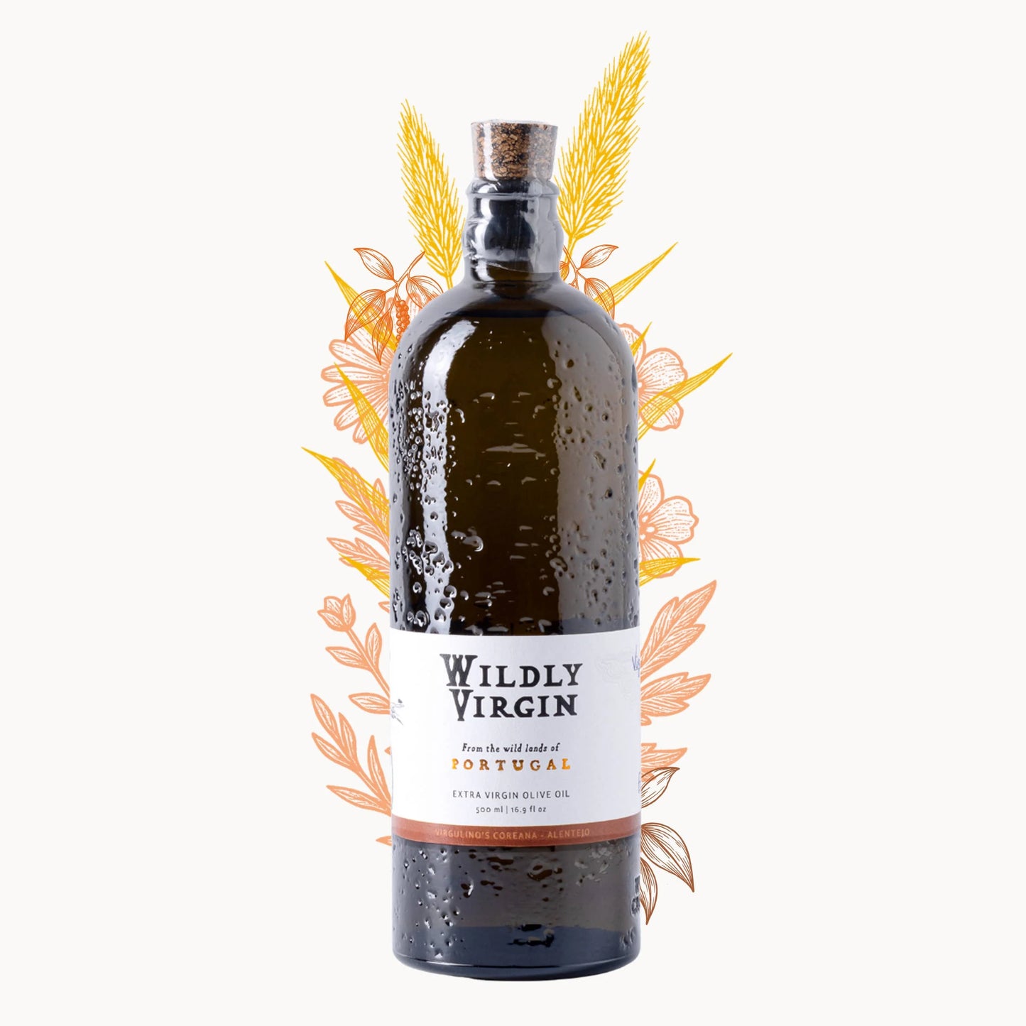 Bottle of Wildly Virgin olive oil with decorative elements on a white background