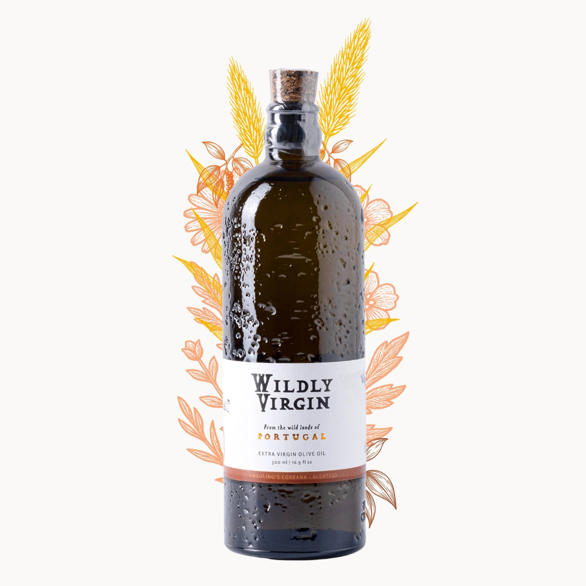 Bottle of Wildly Virgin olive oil with decorative elements on a white background