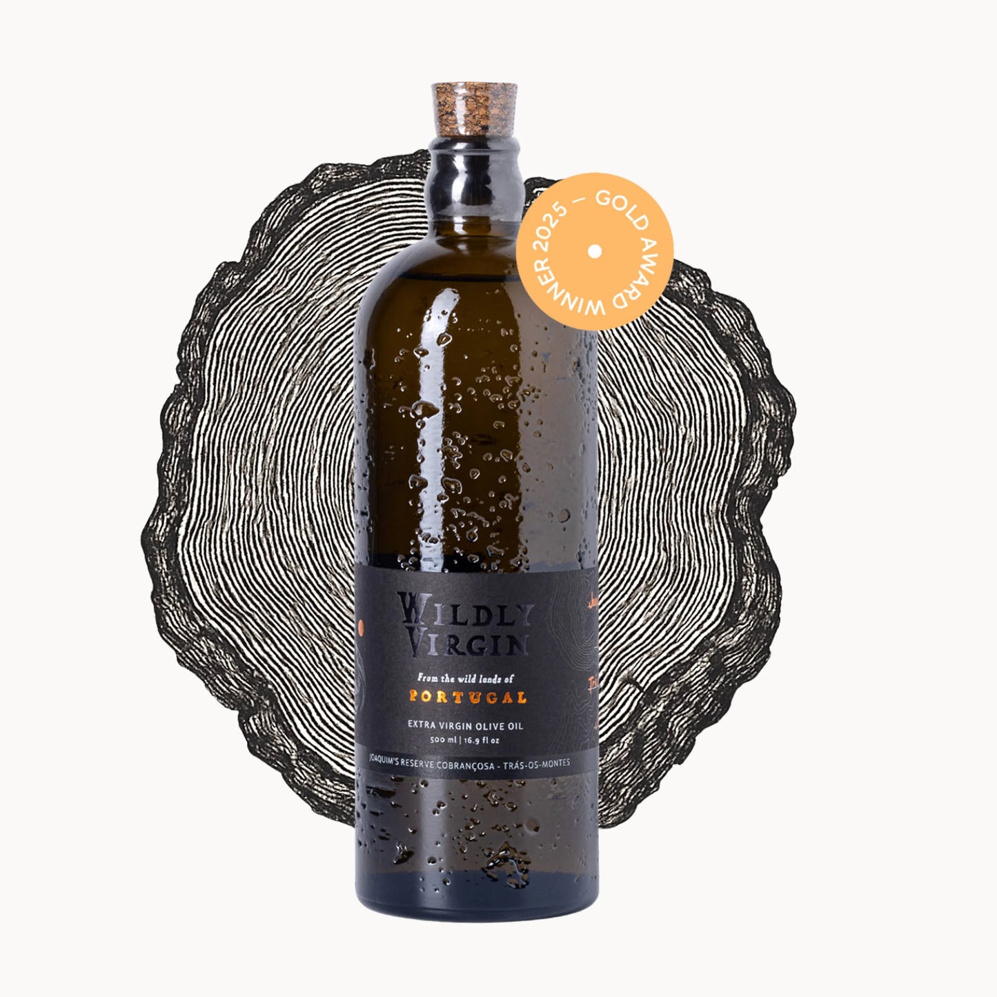 Bottle of Wildly Virgin olive oil with a cork on a white background