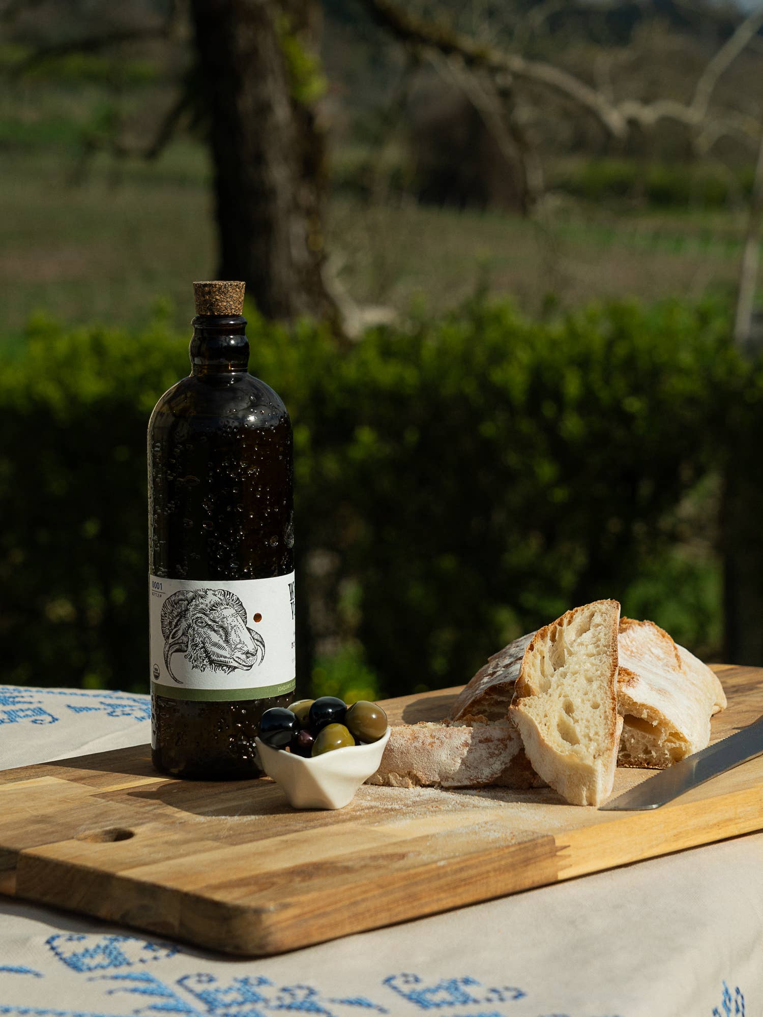 Bottle of wine on a wooden cutting board with bread and olives outdoors