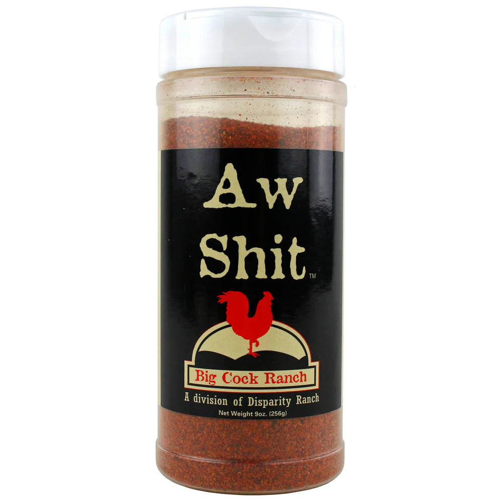Spice jar labeled 'Aw Shit Big Cock Ranch' on a white background