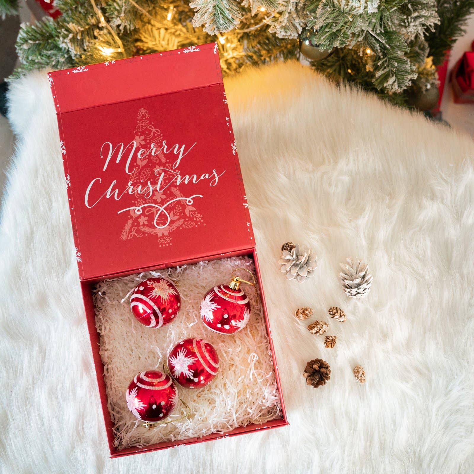 Empty Gift Basket - Red & White Snowflake Holiday Gift Box w/ Lid - 8 in. x 8 in. x 4 in.