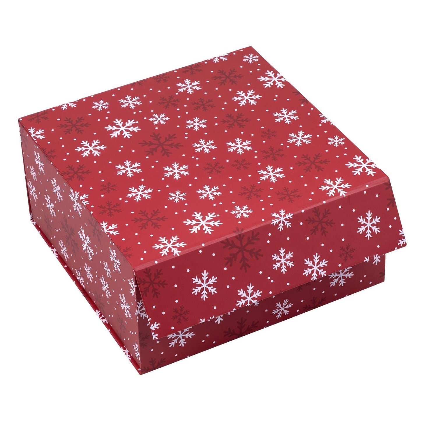 Empty Gift Basket - Red & White Snowflake Holiday Gift Box w/ Lid - 8 in. x 8 in. x 4 in.