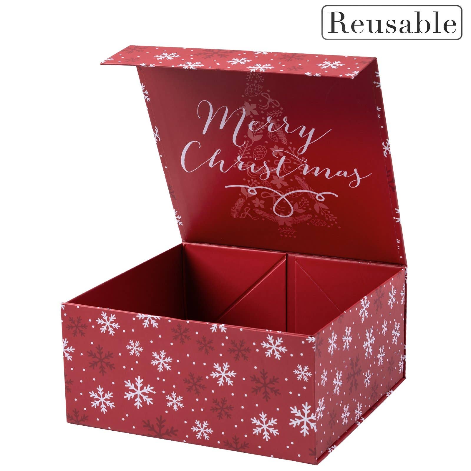 Empty Gift Basket - Red & White Snowflake Holiday Gift Box w/ Lid - 8 in. x 8 in. x 4 in.