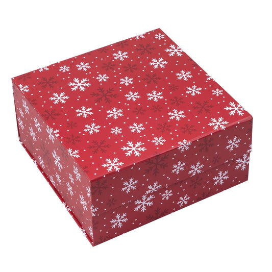 Empty Gift Basket - Red & White Snowflake Holiday Gift Box w/ Lid - 8 in. x 8 in. x 4 in.