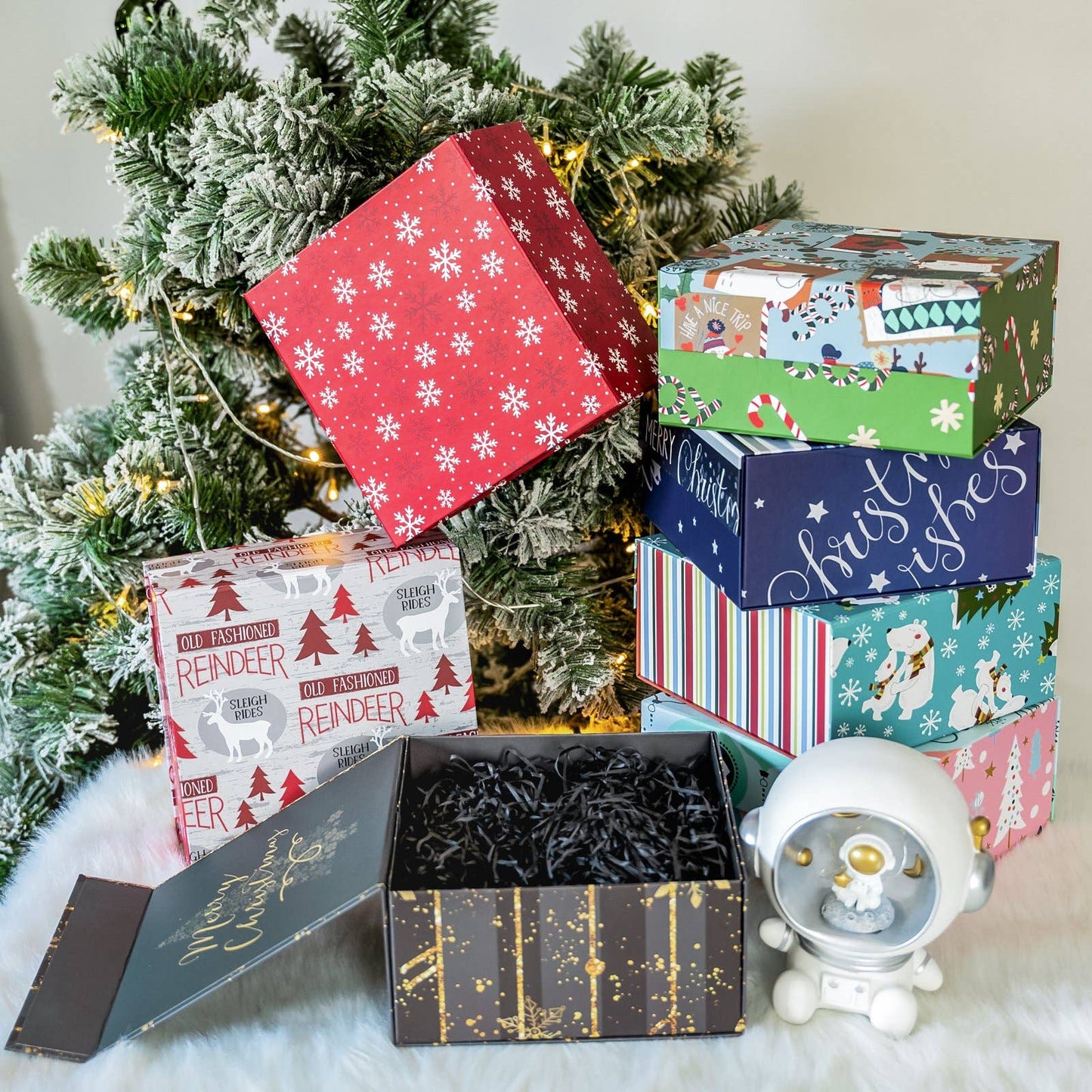 Empty Gift Basket - Red & White Snowflake Holiday Gift Box w/ Lid - 8 in. x 8 in. x 4 in.