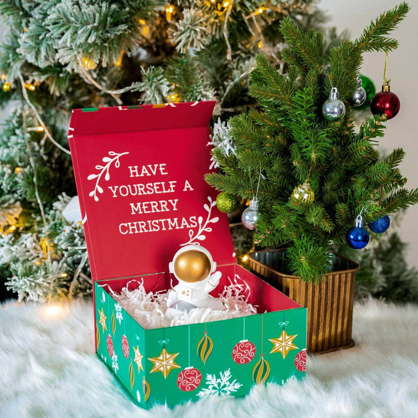 Empty Gift Basket - Red & Green Ornaments Holiday Gift Box - 8 in. x 8 in. x 4 in.