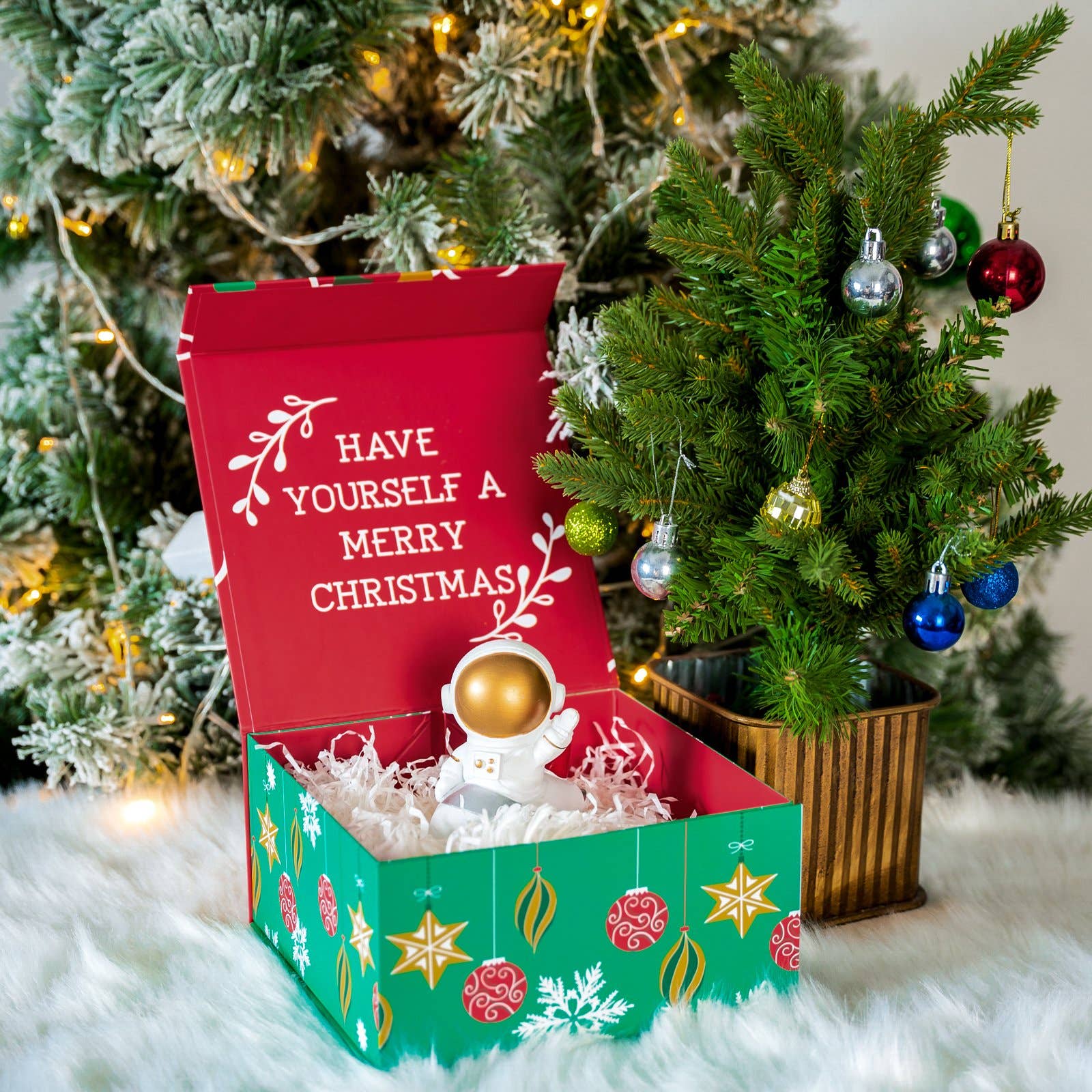 Empty Gift Basket - Red & Green Ornaments Holiday Gift Box - 8 in. x 8 in. x 4 in.