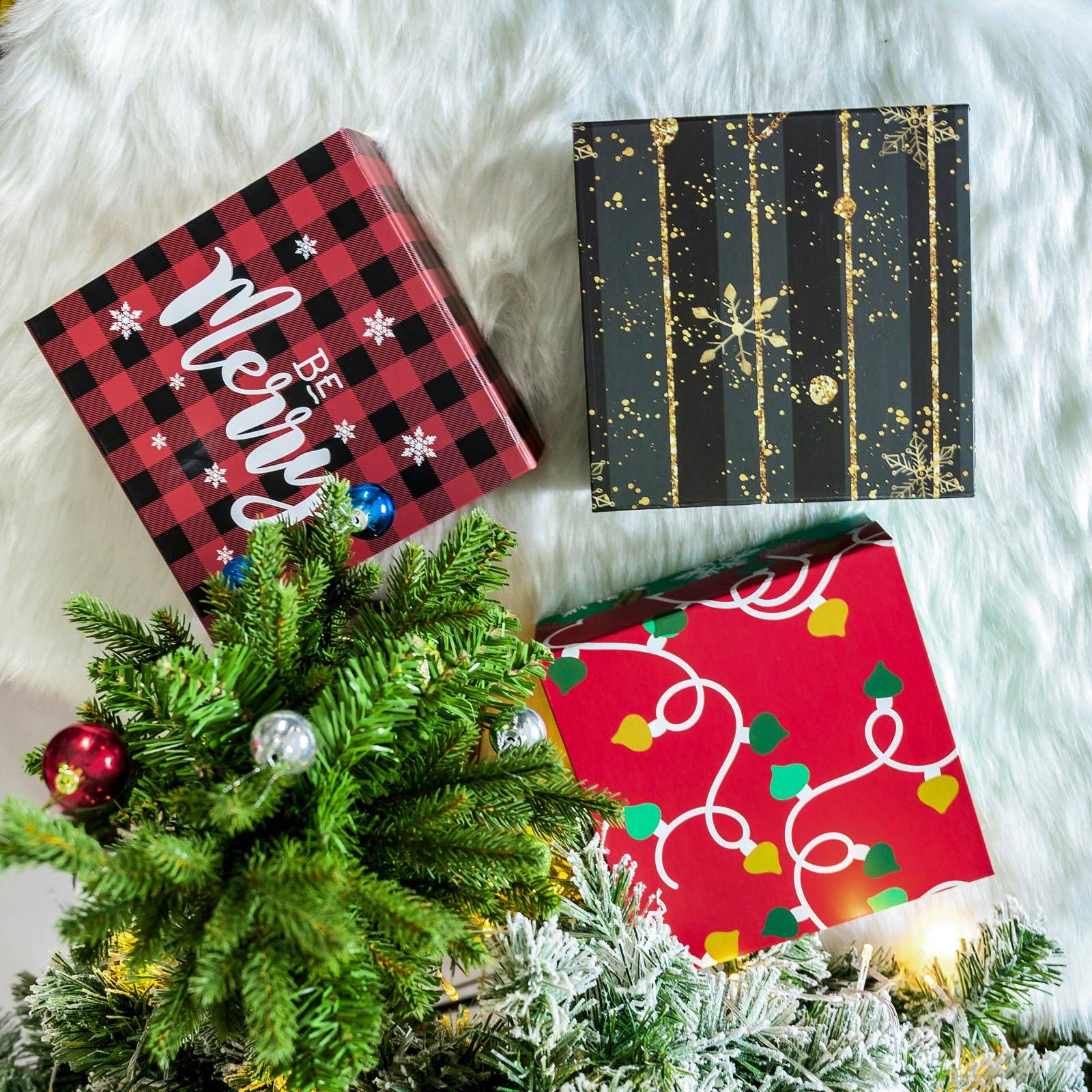 Empty Gift Basket - Red & Green Ornaments Holiday Gift Box - 8 in. x 8 in. x 4 in.