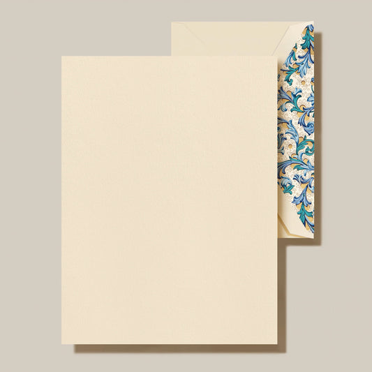 Crane - Cotton Stationery Half Sheet - 20 Sheets / 20 Blue Florentine Lined Envelopes