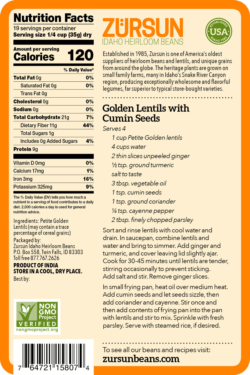 Zursun - Heirloom Petite Golden Lentil - 1.5 lb.