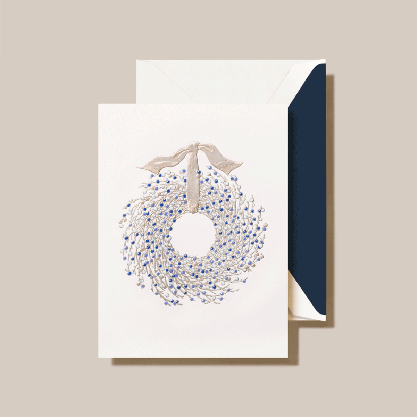 Crane - Juniper Berry Wreath Holiday Greeting Card - 10 Notes / 10 Navy Lined Envelopes